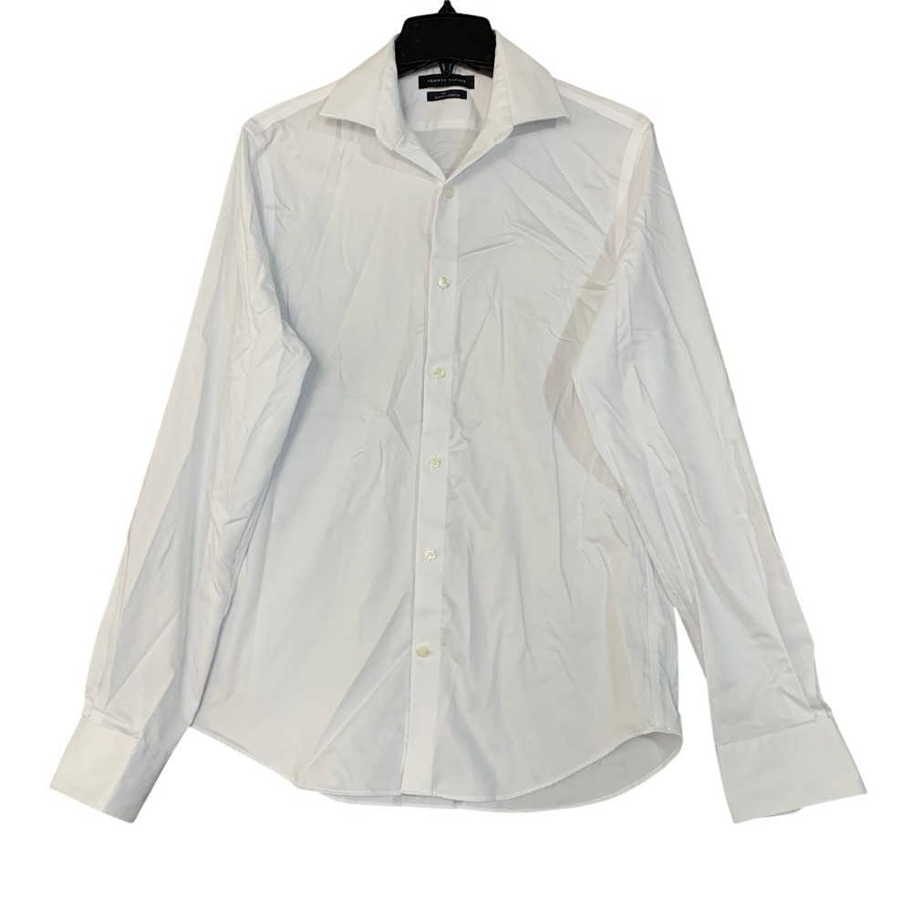 Tommy Hilfiger Men's M 15 34/35 White TH Flex Slim Fit Dress Shirt Cotton Blend